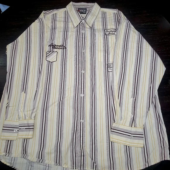 South Pole Authentic Collection Striped Button Up Patches Size XXL Purple Tan