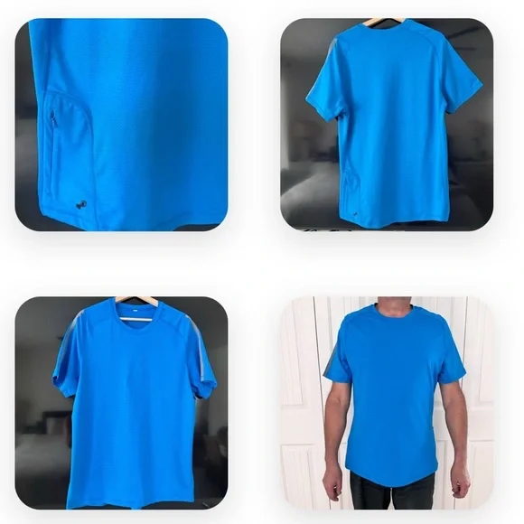 Lululemon Mens Short Sleeve Athletic Shirt Zip Back Pocket Blue Size Medium