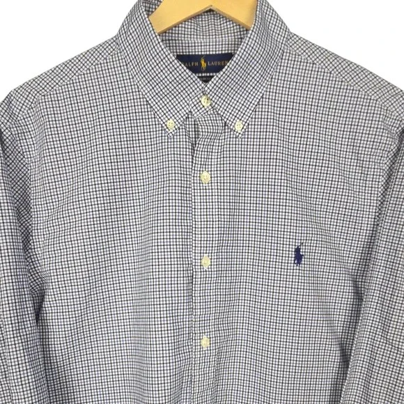 Ralph Lauren Button Down Shirt Mens Large Blue Black Check SLIM FIT Long Sleeve