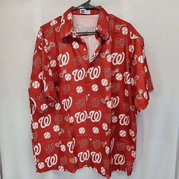 Masn mens Washington Nationals Button up Shirt red white size L