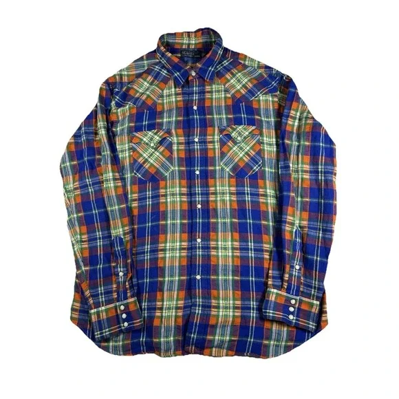 Polo Ralph Lauren Pearl Snap Men's XL Western Flannel Plaid Americana Rodeo VTG