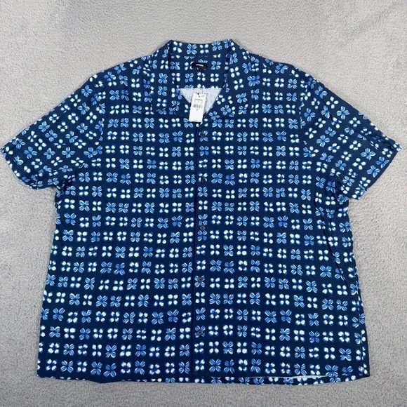 Express Shirt Mens 2XL Blue Floral Button Up Camp Linen Blend Beach Casual New
