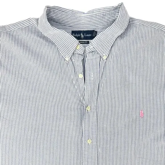 Ralph Lauren 3XB Seersucker Men Shirt Blue White Striped Short Sleeve Pink Pony