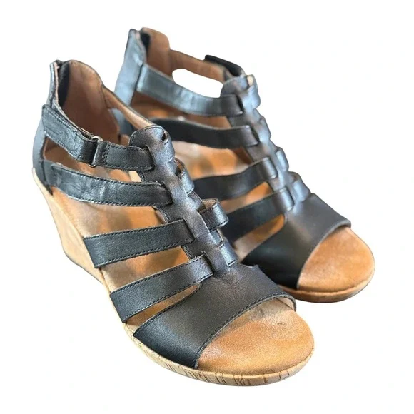 Rockport TruTech Black Leather Wedge Sandals Womens Strappy Cork‎ Heel Zipper