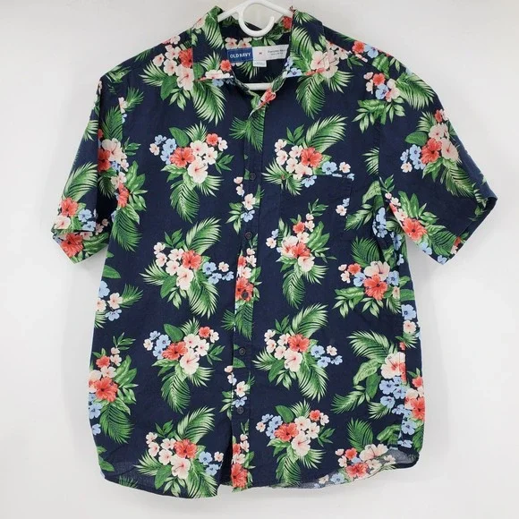 Old‎ Navy Mens Everyday Shirt Medium Navy Blue Tropical Floral Palm Button Down