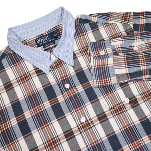 POLO RALPH LAUREN Men's XL Plaid Custom Fit Contrasting Collar Button Up Shirt