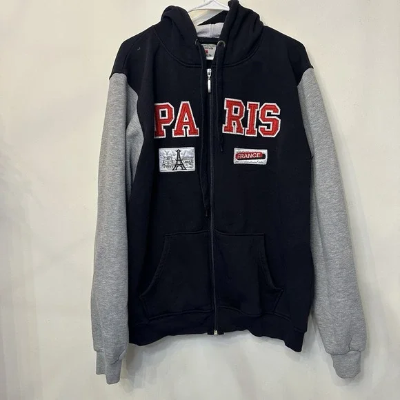 Unisex Hooded Sweatshirt Paris France 2XL Full Zip Up Blue Gray‎ Eiffel Tower