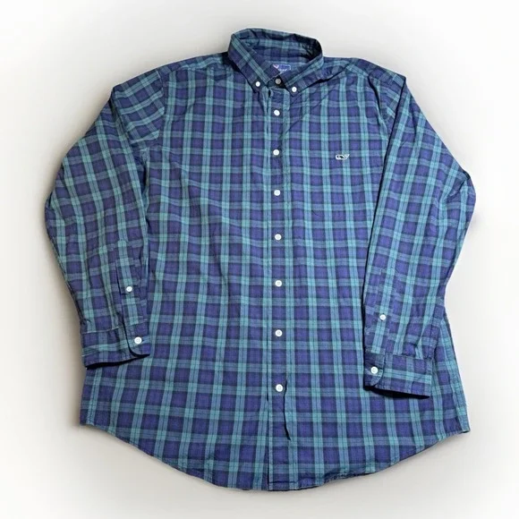 Vineyard Vines Large Tall LT Shirt Mens Classic Fit Tucker Green Blue Plaid