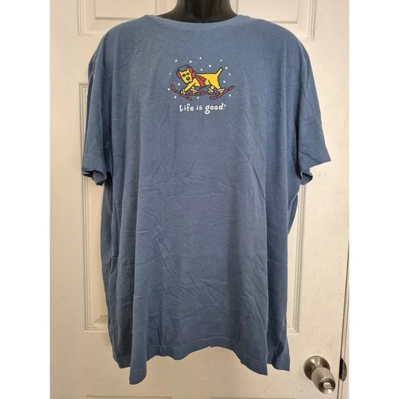 Life is Good Dog Sledding Skiing‎ Graphic T Shirt XL Blue Cotton Crew Neck