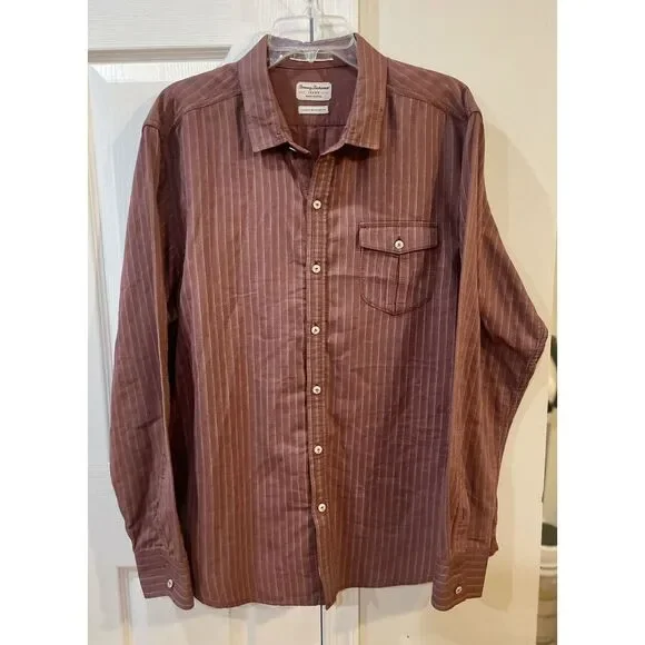 Tommy Bahama Island‎ Modern Fit Men's XL Brown Stripped Long Sleeve Button Shirt