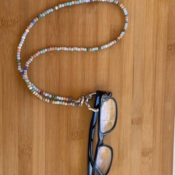 Hand Crafted Eyeglass Necklace Holder Gemstones Blue Beige Green Multi 26 inches