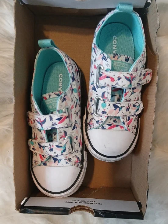 Converse Kids White Floral Velcro Sneakers, Teal Lining Unique HummingBird PRINT