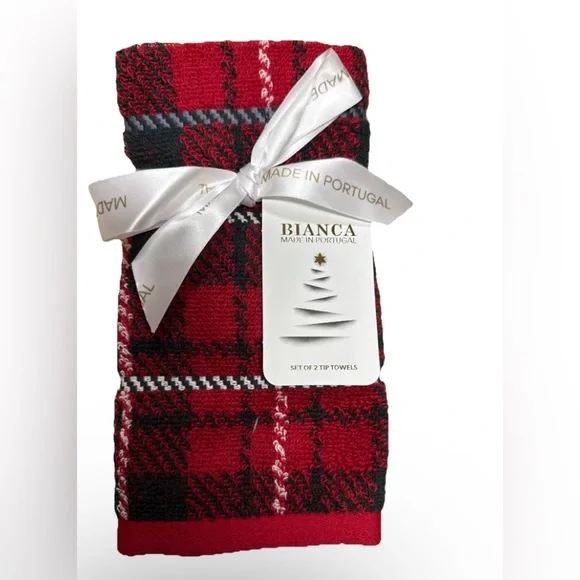 Bianca 2 Pc Fingertip Towels Christmas Holiday Plaid Cotton 11x18” Made Portugal