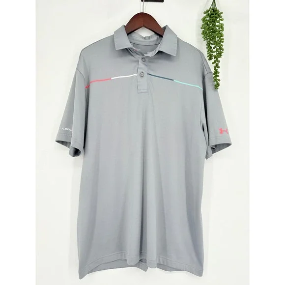 Under Armour Golf Polo Shirt‎ Coldback Heatgear Striped Performance Gray Large