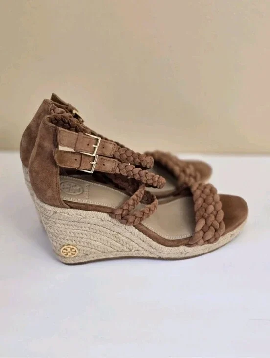 Tory Burch Bailey Suede Leather Espadrille Platform Wedge Brown 7 Ankle Straps
