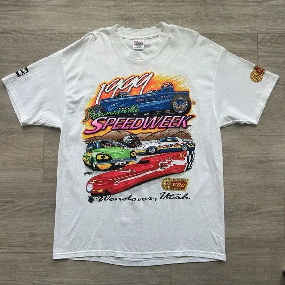 Vintage 1999 XL Bonneville Speedweek White T-shirt AOP Racing Tee Wendover,Utah
