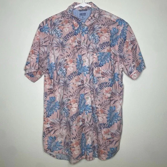 IZOD Saltwater Floral Shirt Mens M Pink Blue Peony Hawaiian Woven Short Sleeve‎