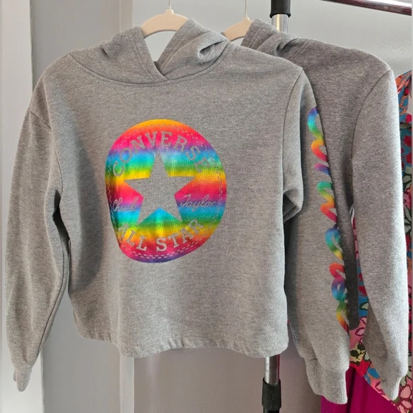 Converse Girls Bundle: 2 Gray Cropped Hoodies Size Large 12-13 Rainbow & Pastel