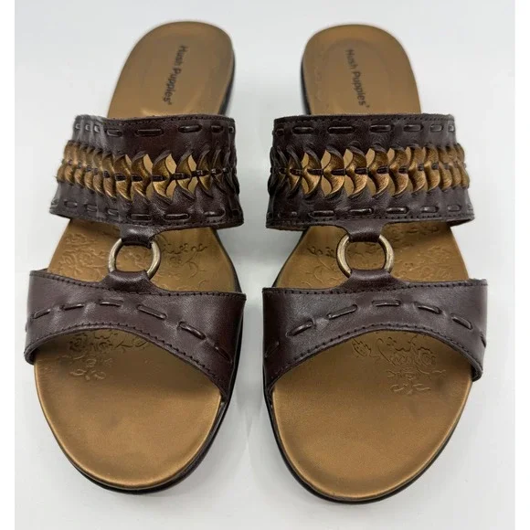 Hush Puppies Knotted Dark Brown Leather Wedge Slide Sandals H503083 Womens 8M