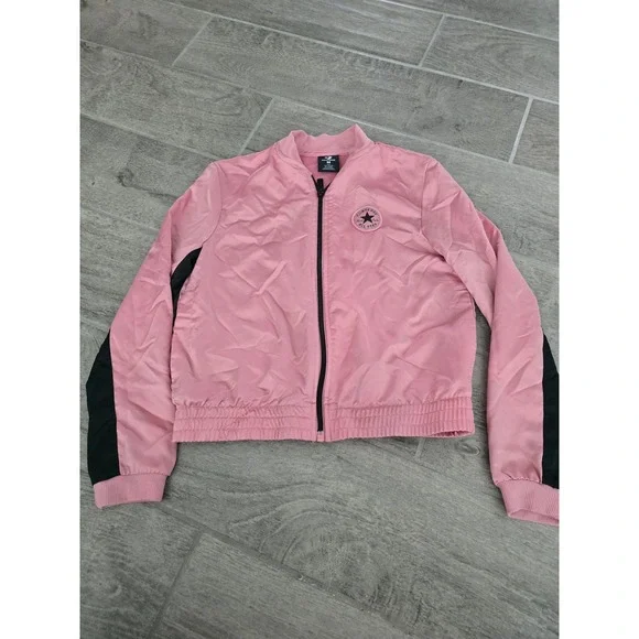 Converse Girls Pink Bomber Jacket Sleeves Logo Lightweight Coat‎ Satin Medium