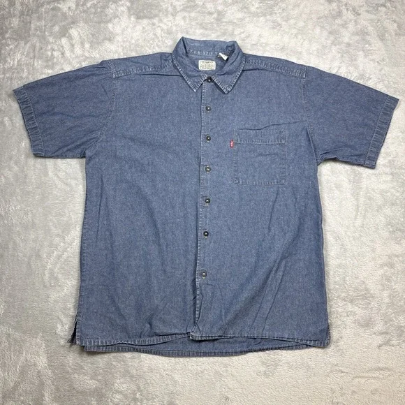 Levi Strauss Denim Short Sleeve Shirt Men L Blue One Pocket Two Horse Brand