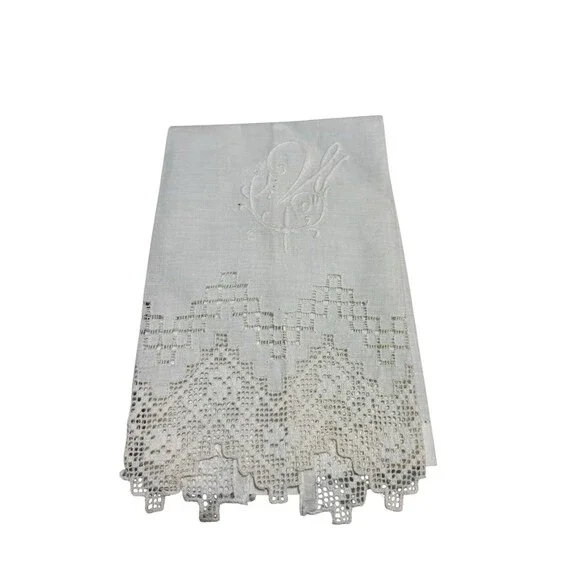 Vintage Monogram W Linen Cutwork Lace Guest Towel Cream 12x20