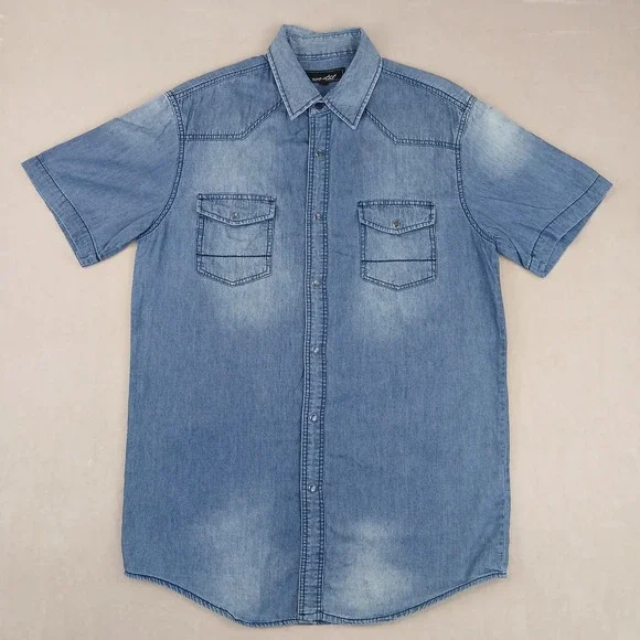 Coastal Medium Mens‎ Shirt Denim Western Pearl Snap Cowboy Short Sleeve 21x29