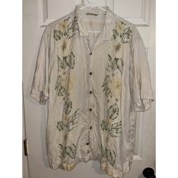 Tommy Bahama silk shirt mens xl Beige Floral Button Down Hawaiian Tropical