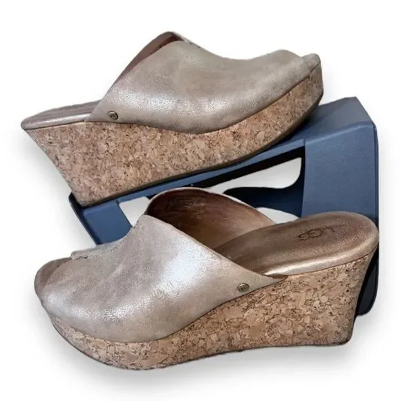 UGG Australia Dominique Peep Toe‎ Gold Cork Wedge 1005109 Women's 7