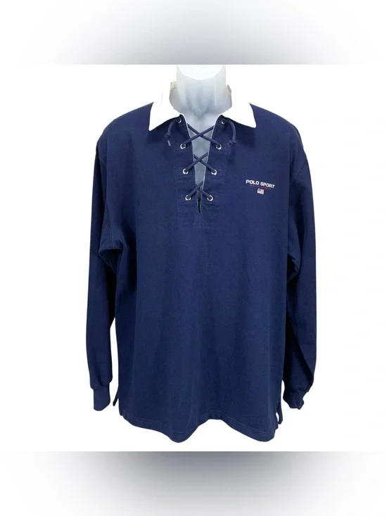 Polo Sport Ralph Lauren Men’s Medium Rugby Shirt Navy White Lace Up