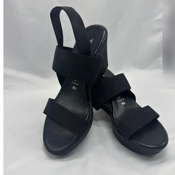 Womens Black Elastic Platform Strappy Wedge Sandals Size 9.5 Made in Italy