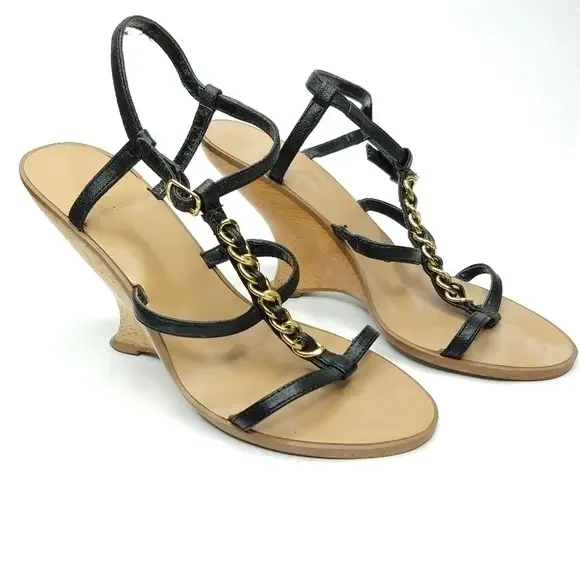 Bakers Carmela 6 M‎ Black Gold Strappy Wedges
