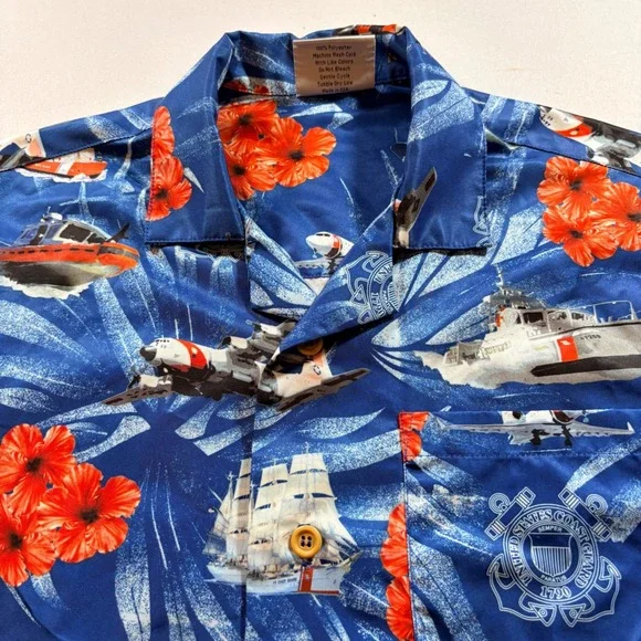 AE Sport US Coast Guard Hawaiian Shirt Mens Small Blue USCG Military Aloha USA