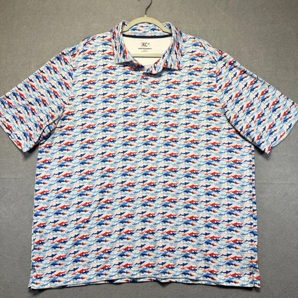 Johnston & Murphy XC4 Mens XXL Shark Print Performance Golf‎ Polo Blue Red White