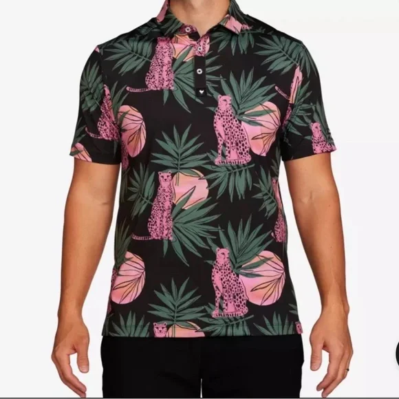 Bad Birdie Men Dayglow Polo Golf Shirt Sz S Panther Palm Trees Unique Athleisure