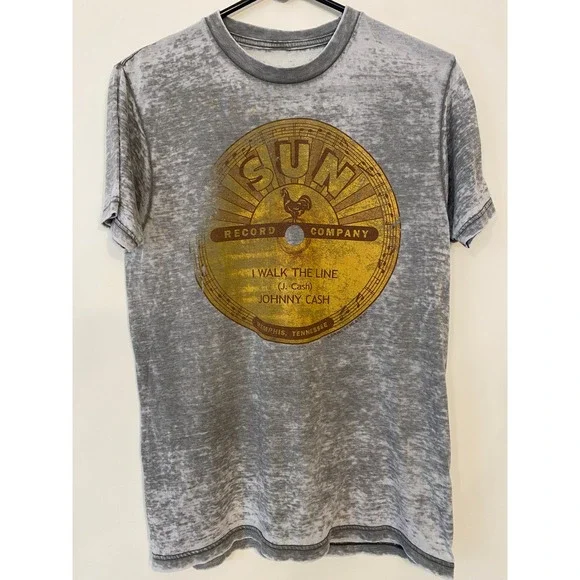Johnny Cash Sun Record Company I Walk The Line Burnout Graphic T-Shirt‎ Grey S