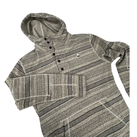 Burton Mens Striped Fleece Hoodie Grey Black‎ Henley Button Neck Pullover Large