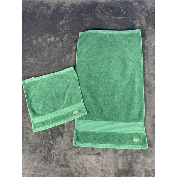 Lacoste Legend Green Supima Cotton 2 Piece Towel Set Hand Washcloth Crocodile
