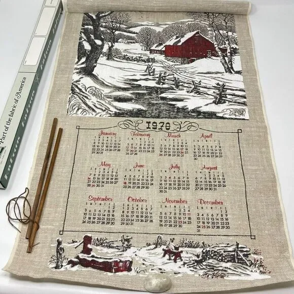 Kay Dee Hand Prints 100% Linen Fabric Hanging Calendar 1970 Snowy Barn
