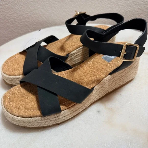 MIA Nikky Black Wedge Sandals Espadrille Platform Ankle Strap Womens Size 9 NEW
