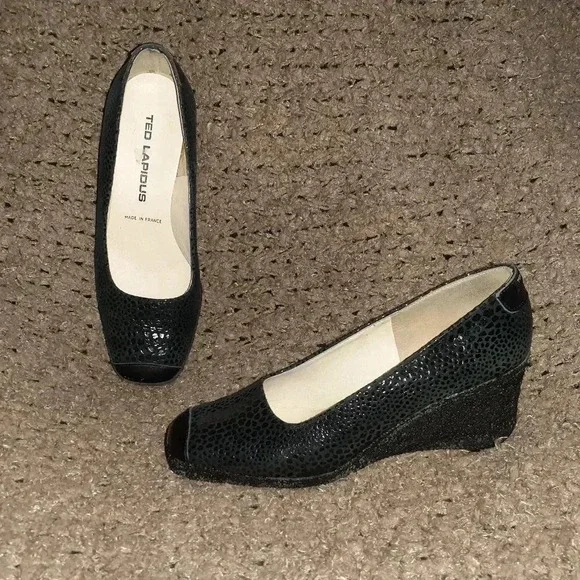 Vintage TED LAPIDUS-Black Suede/Leather Patterned Wedges-Sz 38-Excellent