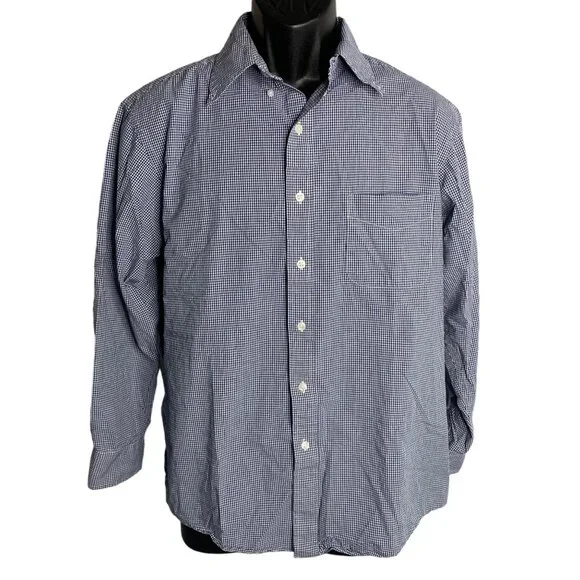 Club Room Gingham Button Down Shirt L Blue Long Sleeve Chest Pocket Collar