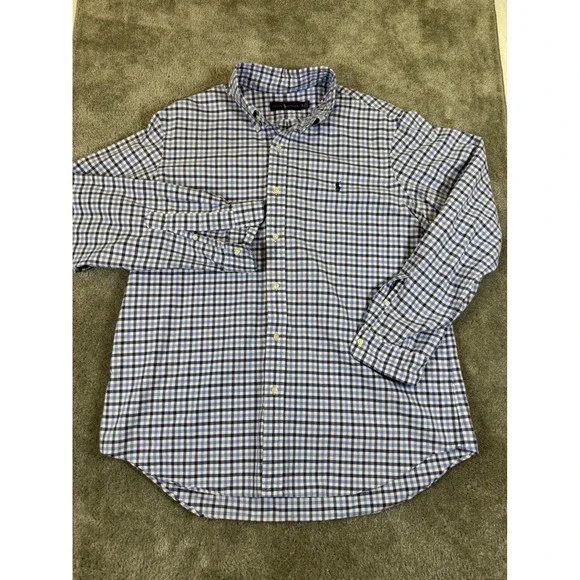Ralph Lauren Mens XL Blue Gingham Check Cotton Button Down Shirt Long Sleeve