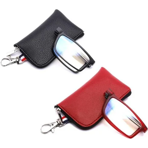 2-Pack Compact Folding Reading Glasses with Pouch Red & Black Travel Set X2.0Mag
