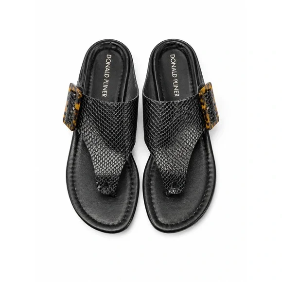 Donald Pliner Oltina Black Snakeskin Embossed Wedge Sandals Tortoise Buckle 10M