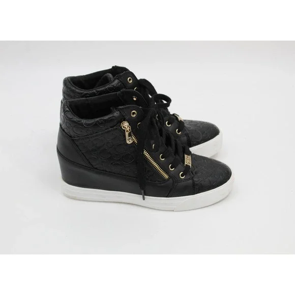 Guess Los Angeles Womens Black Embossed Logo Wedge High Top Sneakers Gold Zip