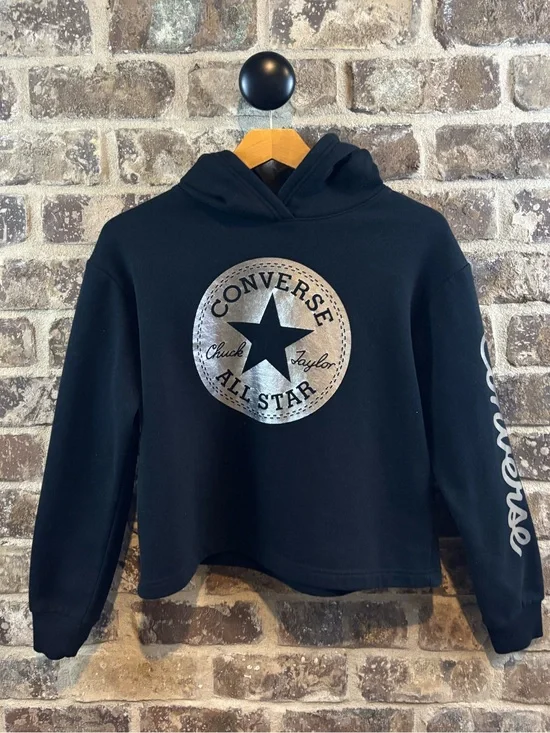 Converse Black Cropped Hoodie with Silver Foil All Star Logo Girls XL 13-15