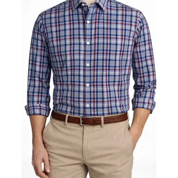 Peter Millar Classic Fit Blue Red Plaid Button Down Shirt Long Sleeve XL Cotton