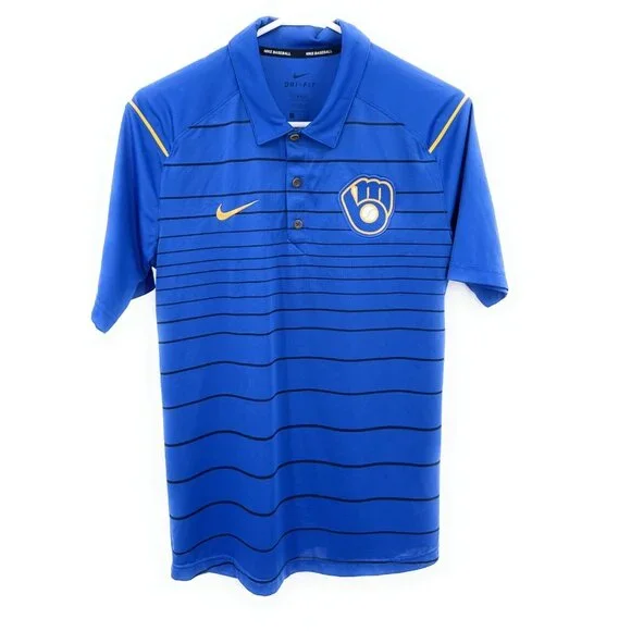 Nike Milwaukee Brewers Polo‎ Shirt Men S Blue Short Sleeve Dri Fit Baseball