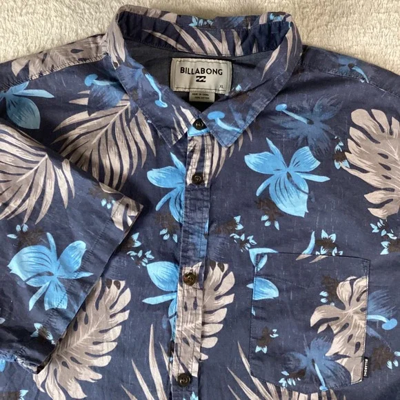 Billabong Mens XL Blue Tropical Floral Palm Leaf‎ Short Sleeve Button Down Shirt